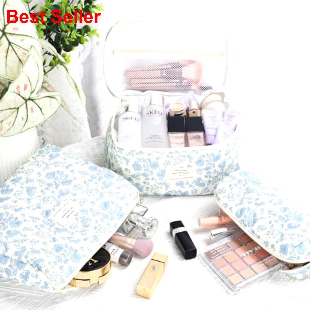 Large Cotton Quilted Makeup Bag Set, 3 Pack Travel Organizer for Women - Picture 5 of 7